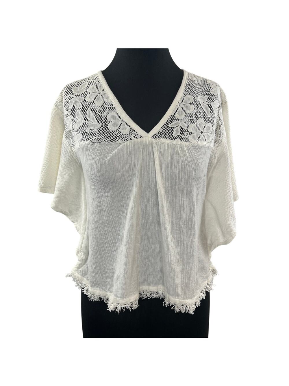 Y2K Vintage BHAG'S Boho Off White Crochet Short Sleeve Top Blouse Size M/L